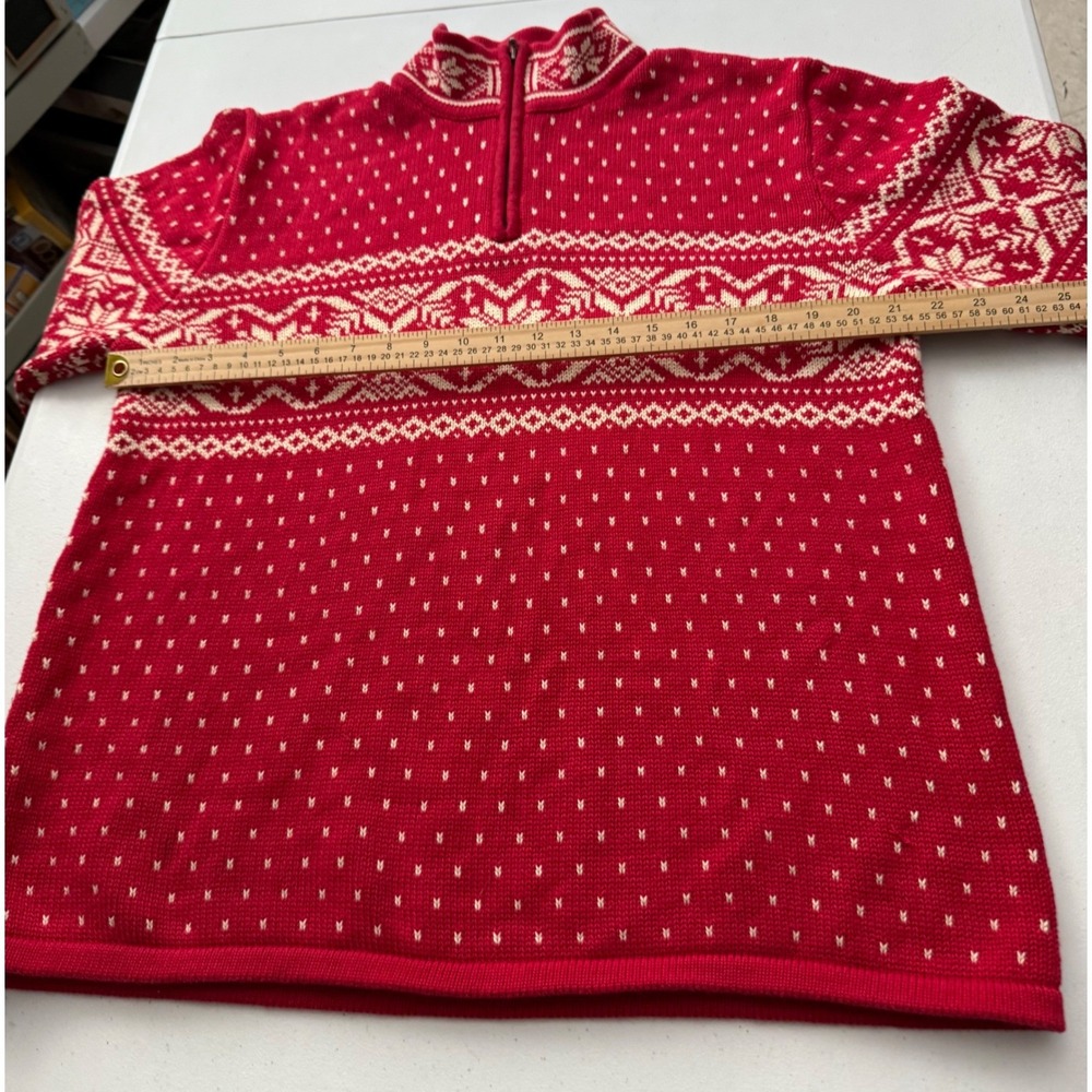 Lands End Mens M 38-40 Fair Isle Nordic Sweater Red Cream 1/4 Zip 100% Cotton - Picture 5 of 11